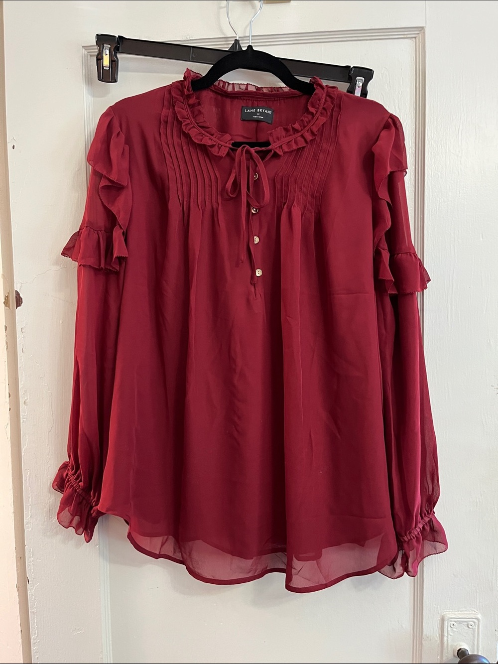 Lane Bryant Wine Red Ruffle Tie-Neck Blouse